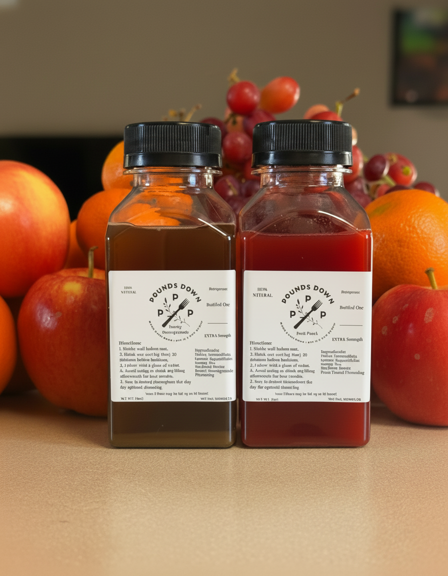 Pounds Down Extra Strength herbal drink bottles with fruit for nighttime wellness routine
