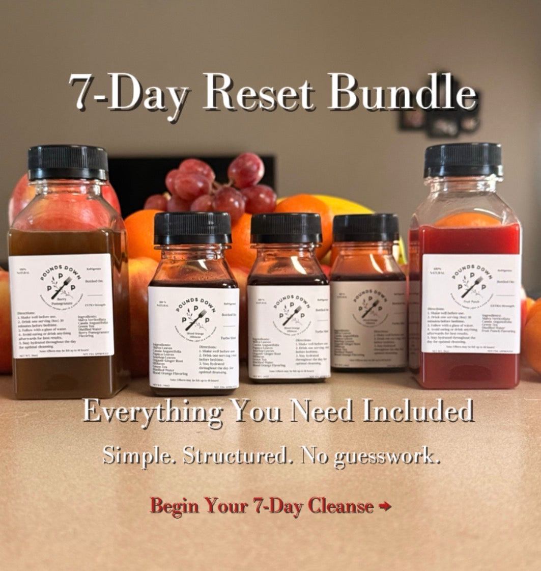 7 day herbal detox cleanse bundle showing all included drinks and shots for a complete wellness reset routine