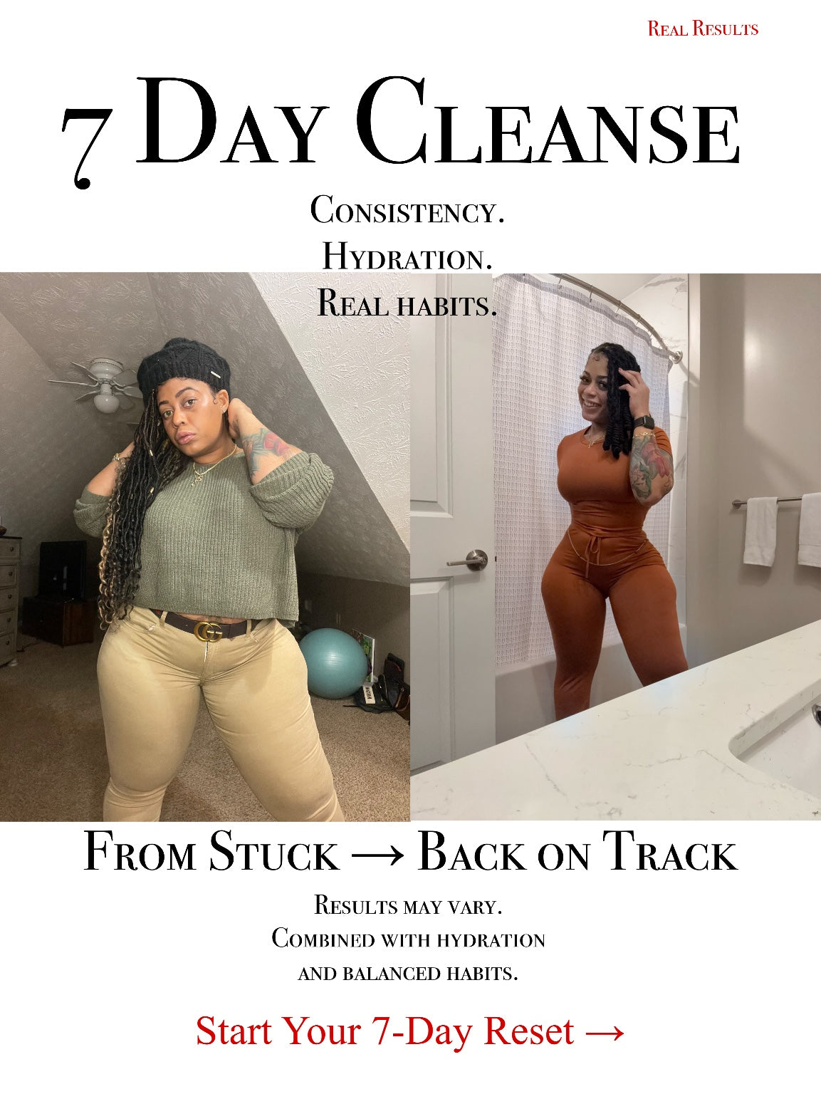 Before and after transformation from a 7 day herbal detox cleanse supporting gut health, digestion, and wellness routine
