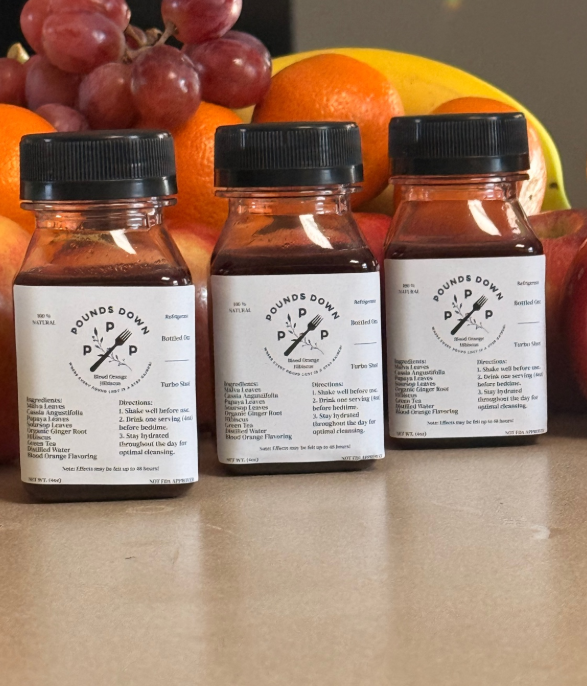 Three Turbo Shot Bundle – Pounds Down Detox Drink – Orange Hibiscus flavor – 4oz herbal cleanse.