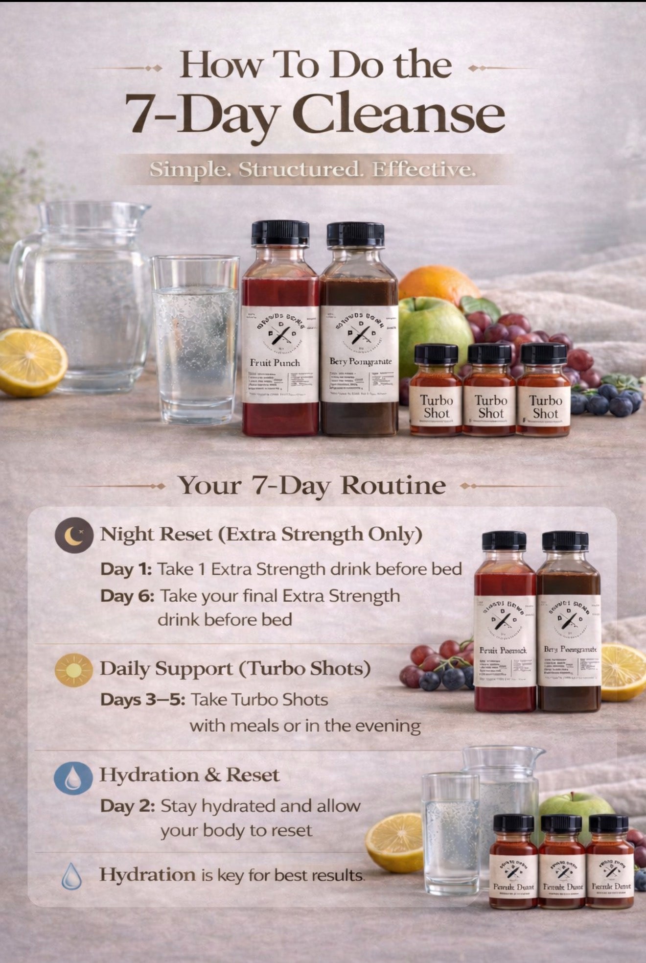 Pounds Down 7-day herbal cleanse routine guide with step-by-step instructions for using Extra Strength nighttime drinks and Turbo Cleanse shots with hydration support
