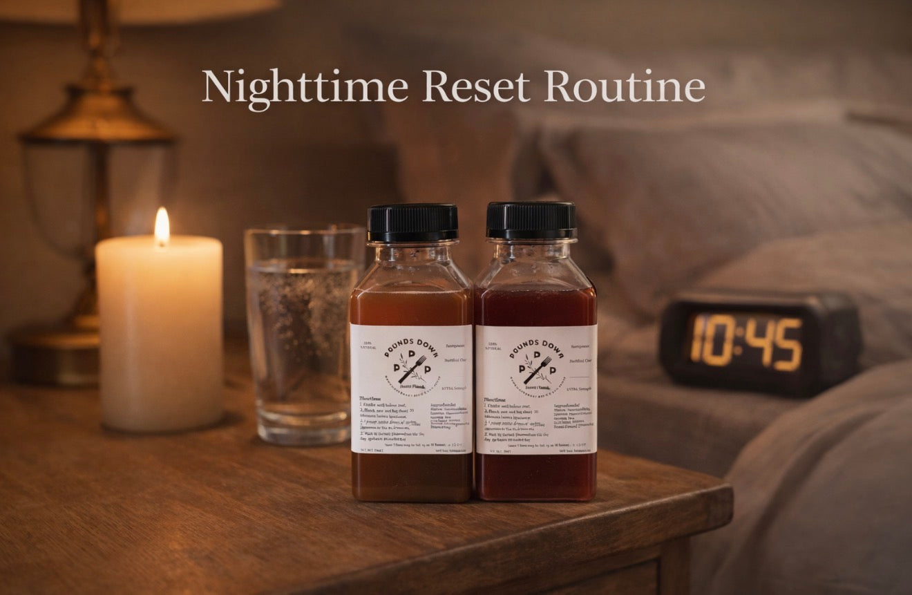 Pounds Down 2-Day Reset Cleanse nighttime routine with two Extra Strength herbal cleanse drinks on bedside table with water, candle, and clock for evening use