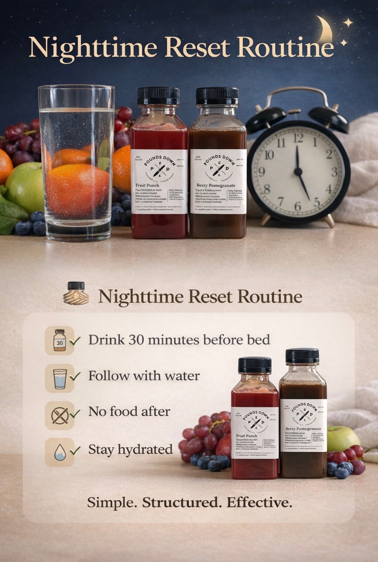 Pounds Down nighttime reset routine showing how to use herbal cleanse drink before bed with water for digestion and wellness support