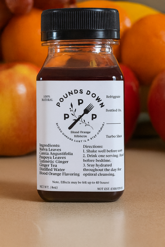 Pounds Down Turbo Shot in Blood Orange Hibiscus flavor, 4oz herbal drink bottle with fresh fruit background