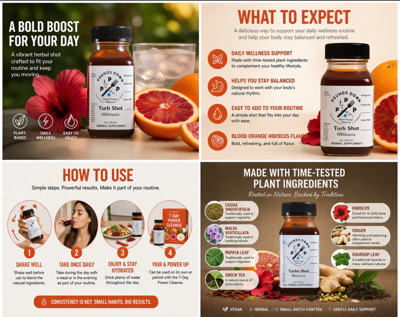 Pounds Down Turbo Shot herbal drink in Blood Orange Hibiscus flavor with fresh citrus, showing daily wellness support, digestion support, and plant-based ingredients